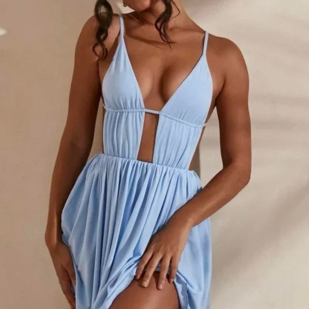 OH POLLY | Light Blue Halter Backless Mini Dress